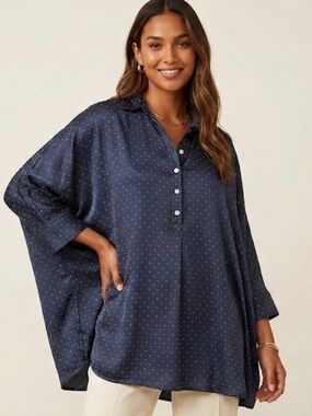 Alembika Navy Blue Polka Dot Button Front Tunic Top oversized shirt